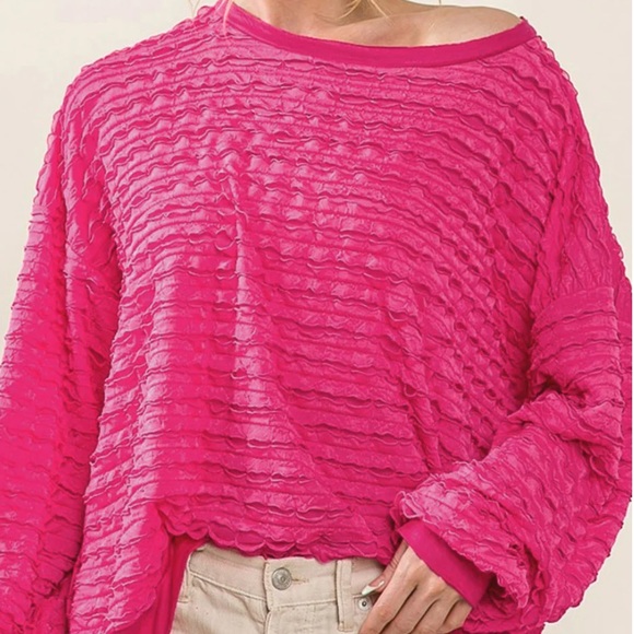 BiBi Pink Textured Round Neck Dropped Shoulder Top - Picture 1 of 12